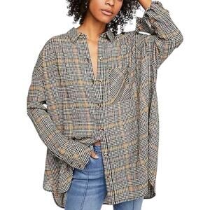 Free People Break My Stride Oversized Plaid Long Sleeve Button up Shirt Large